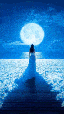 a woman in a blue dress is standing on a dock looking at the moon