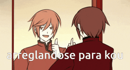 a man giving a thumbs up in front of a mirror with arreglandose para kou written below him
