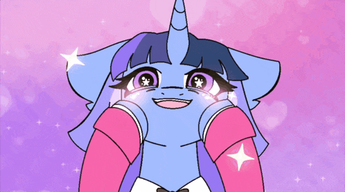 a cartoon drawing of a blue unicorn with a pink background