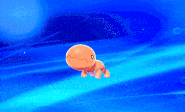 a small orange cartoon character is crawling on a blue surface