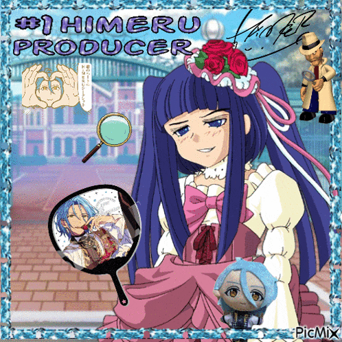a picture of a girl with a magnifying glass and the words # 1 himeru producer
