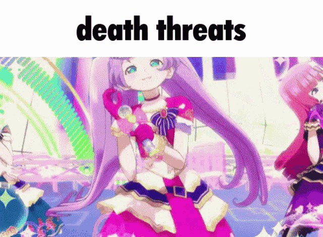 a picture of a girl with the words death threats written on it