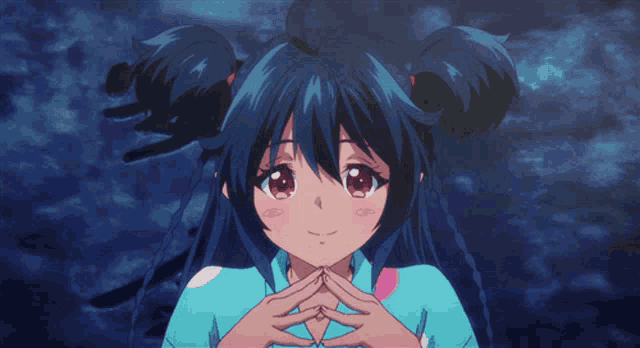 a girl with blue hair has her eyes closed and her hands folded