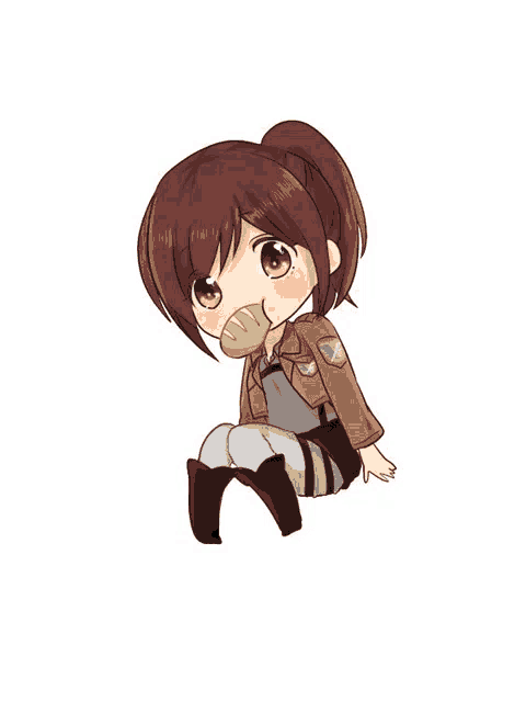 a chibi drawing of a girl with a ponytail eating a piece of bread