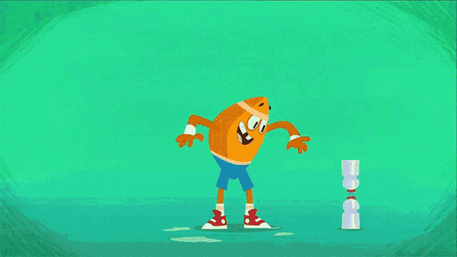 a cartoon character is standing next to a blue object that says dna