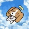a cartoon dog with a halo on its head is flying through the sky .