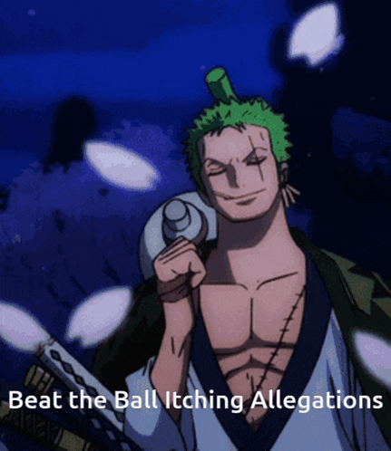 a cartoon of a man holding a sword with the words " beat the ball itching allegations " on the bottom