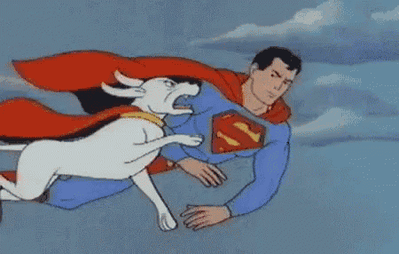 a cartoon of superman flying with a white dog .