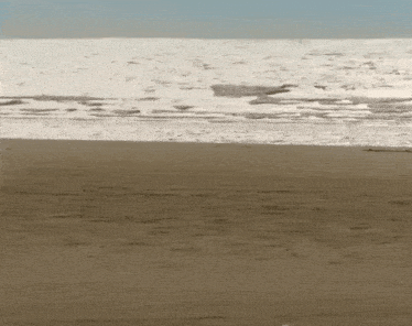 a sandy beach with waves crashing on the shore and a blue sky in the background .