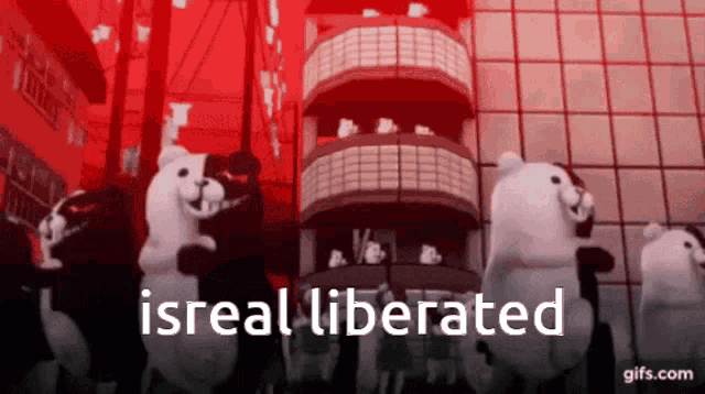 a group of black and white teddy bears dancing in front of a building with the words isreal liberated