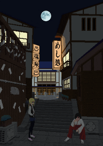 a pixel art drawing of a man sitting on the sidewalk in front of a building