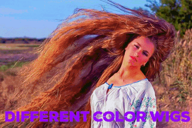 a woman with very long hair has different color wigs written on the bottom