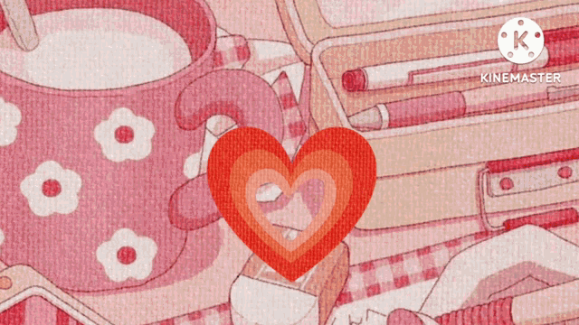 a red heart on a pink background with the letter k on the bottom right