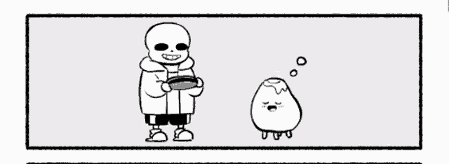 a black and white drawing of a skeleton holding a plate next to a smaller skeleton .