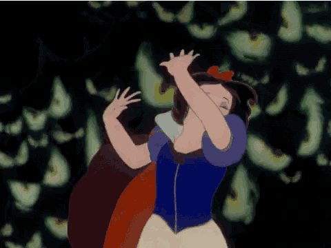 a cartoon of snow white dancing in front of a dark background with glowing eyes
