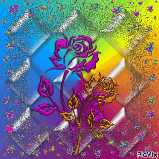 a picture of a rainbow colored background with two purple roses and the words picmix at the bottom
