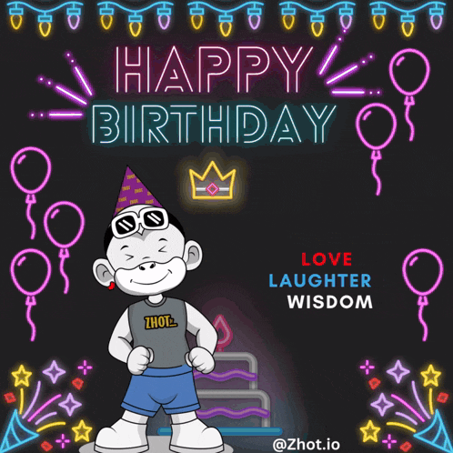 a happy birthday greeting card with a monkey wearing sunglasses and a party hat