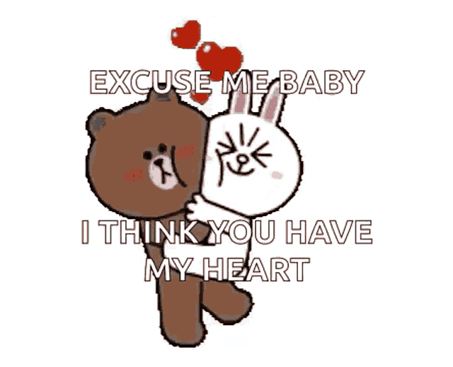 a brown bear and a white rabbit are standing next to each other with a strawberry in their mouths .