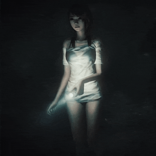 a woman in a white dress holds a flashlight in her hand