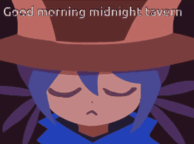 a cartoon character with yellow eyes and the words good morning midnight tavern below her