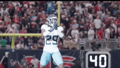 a football player with the number 29 on his jersey is standing on the field .