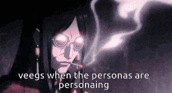 a cartoon character is smoking a cigarette with the words veegs when the personas are personaing