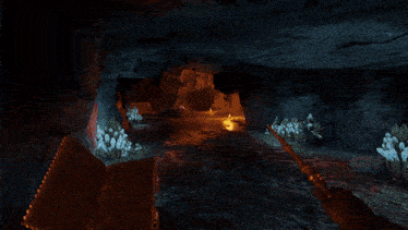 a person holding a purple object in a cave