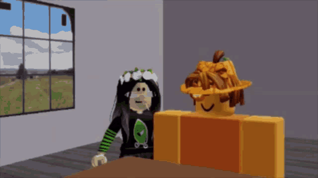 a girl with a flower crown is standing next to a roblox character wearing a pumpkin hat