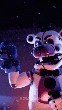 a white teddy bear holding a blue teddy bear with the words god anime on the bottom right