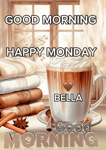 a picture of a cup of coffee with the words good morning happy monday bella