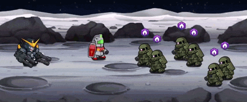 a cartoon of a robot on the moon with purple circles