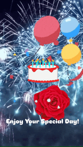 a birthday card says enjoy your special day with a cake and balloons