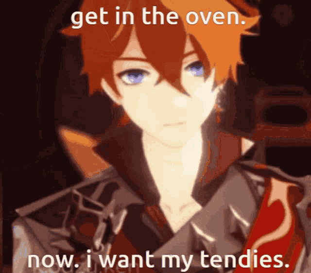 a cartoon of a boy with the words get in the oven now i want my tendies