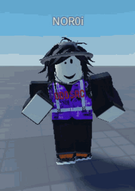 a cartoon character with the name noroi on the top of his head