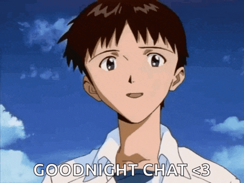 a man in a white shirt is standing in front of a blue sky and says `` goodnight chat < 3 '' .