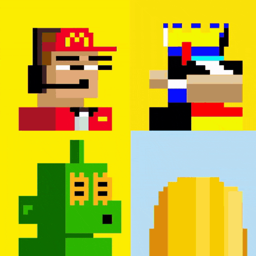 a pixel art of a man with a mcdonald 's hat on