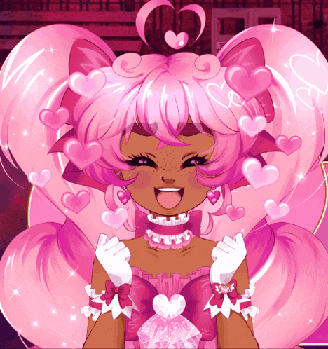 a cartoon girl with pink hair and hearts on her hair