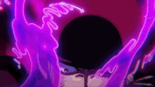 a close up of a person 's face with purple lights coming out of it and a black background .
