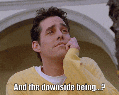 a man in a yellow sweater says " and the downside being .... "