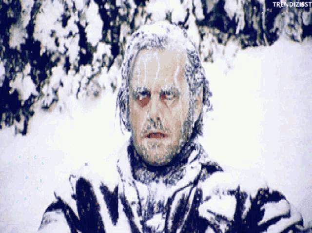 a man with ice on his face is standing in a snowy forest