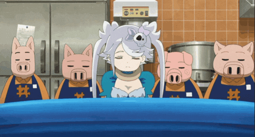 a group of pigs are standing around a girl in a blue dress