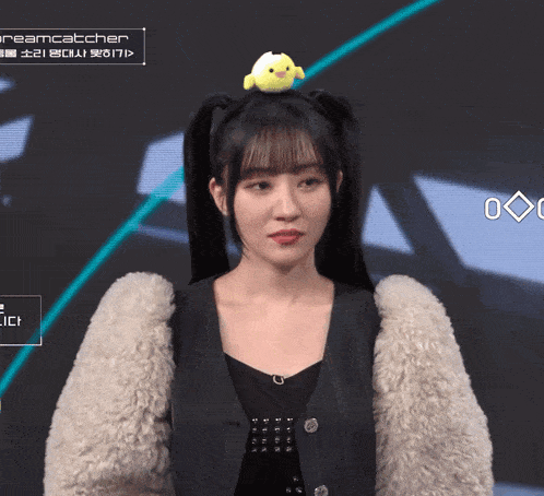 a girl with a stuffed chicken on her head with the word dreamcatcher on the bottom