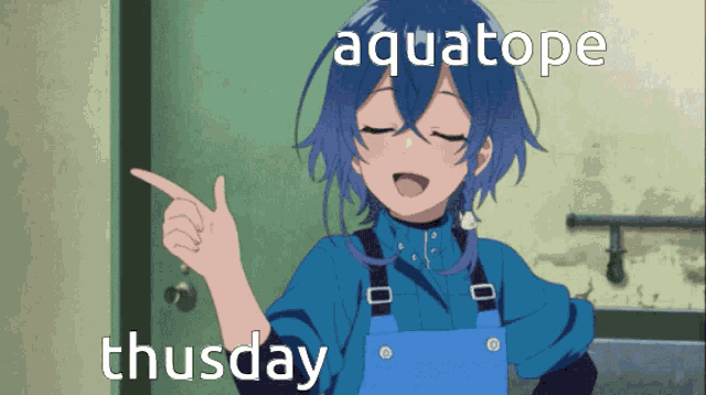 a girl with blue hair is pointing at the word aquatope thursday