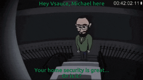 a cartoon of a man standing on a set of stairs with the caption hey vsauce michael here