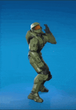 a video game character in a green armor is dancing on a blue background .