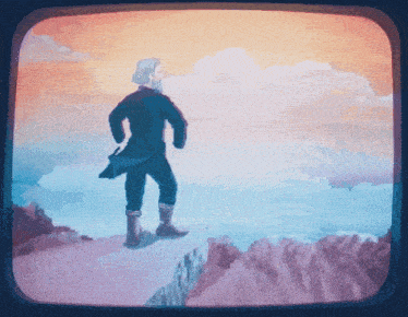 a painting of a man standing on a cliff