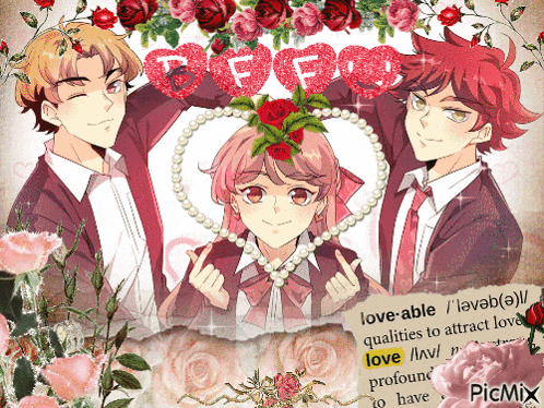 a picture of a girl and two boys with the word love on the top