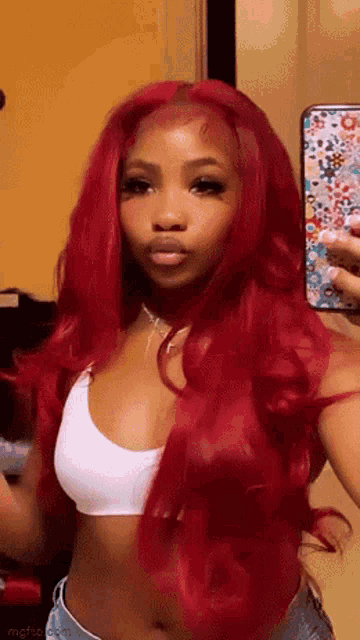 a woman with red hair is taking a picture of herself in the mirror .