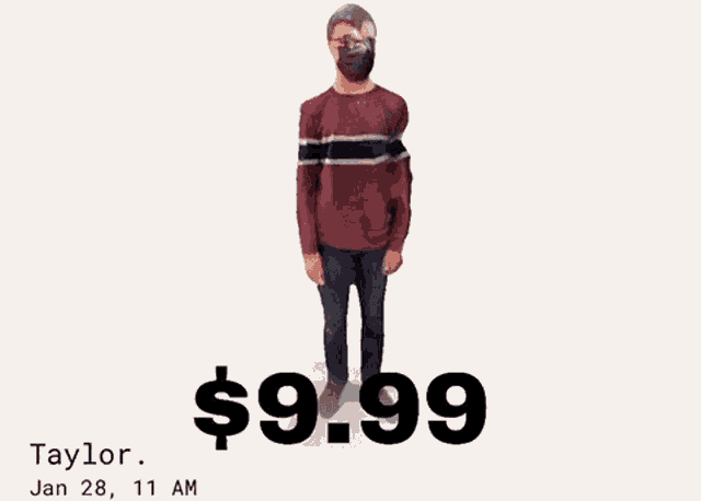 a man wearing a mask is standing in front of a $ 9.99 price tag