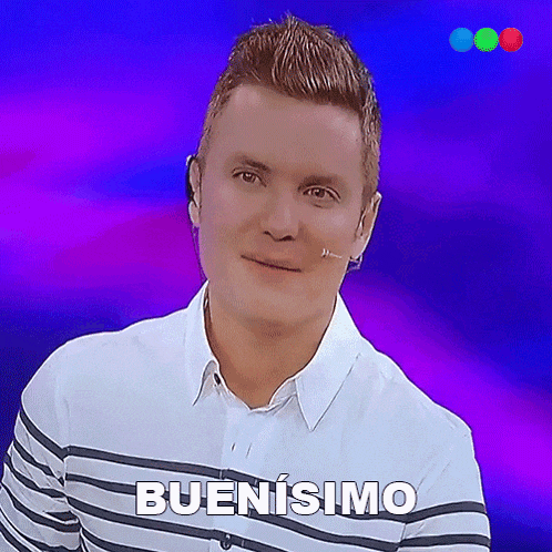 a man in a striped shirt has the word buenisimo written on his shirt